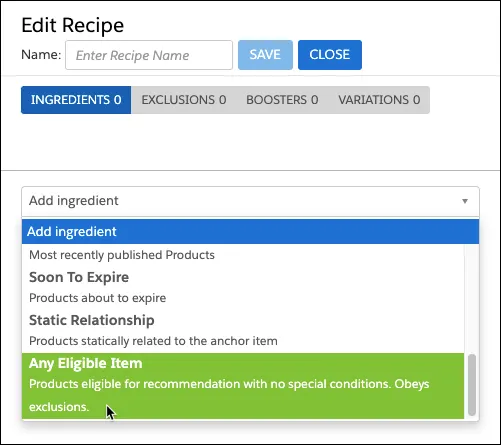 Edit recipe screen with cursor near exclude products in cart.