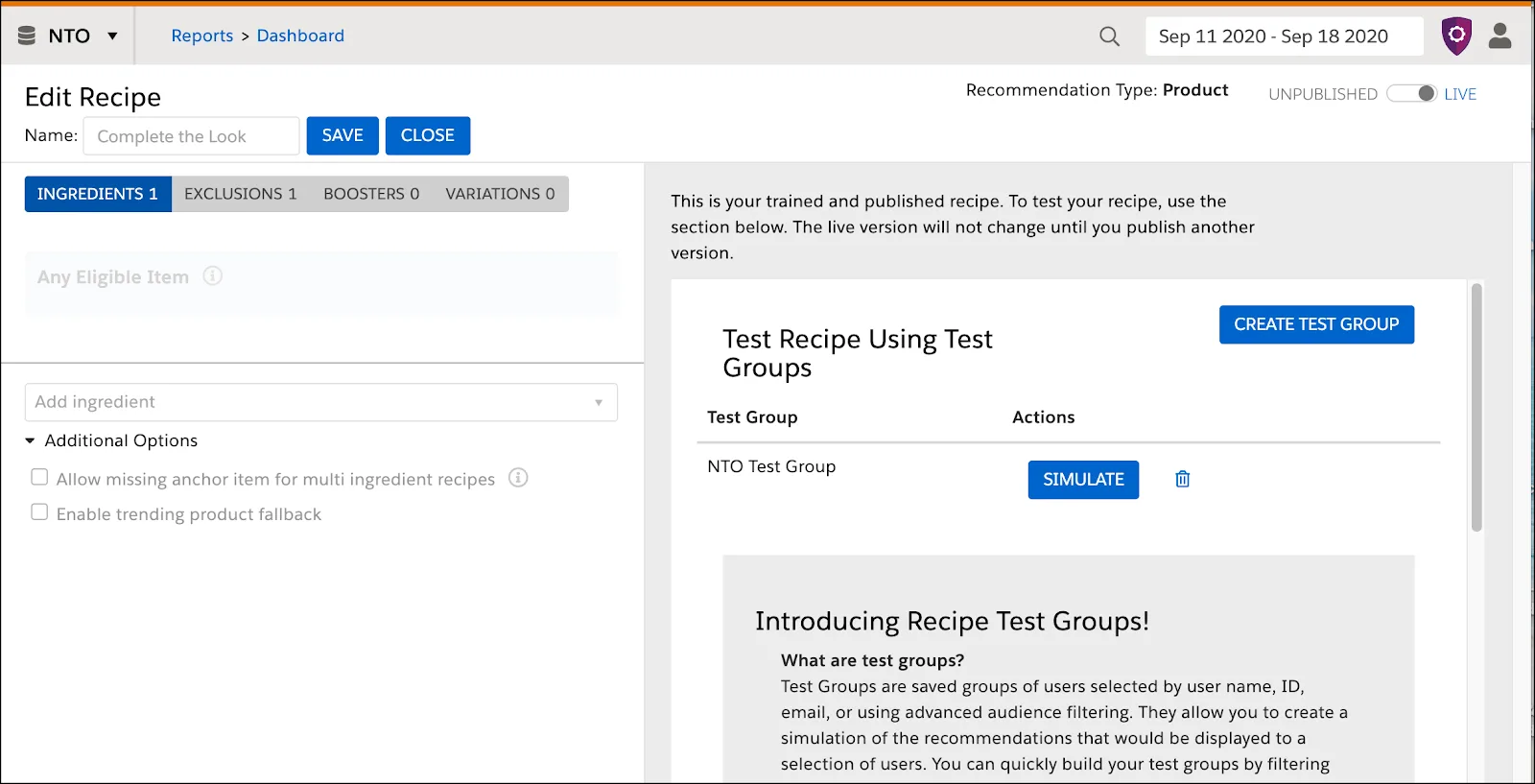 NTO Edit Recipe screenshot with options to create test groups.