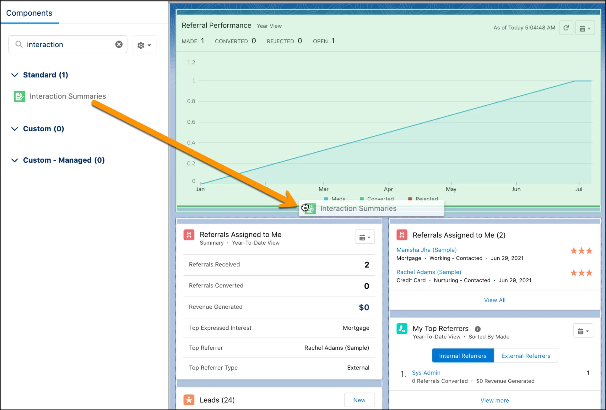 Lightning App Builder with Interaction Summaries component added.