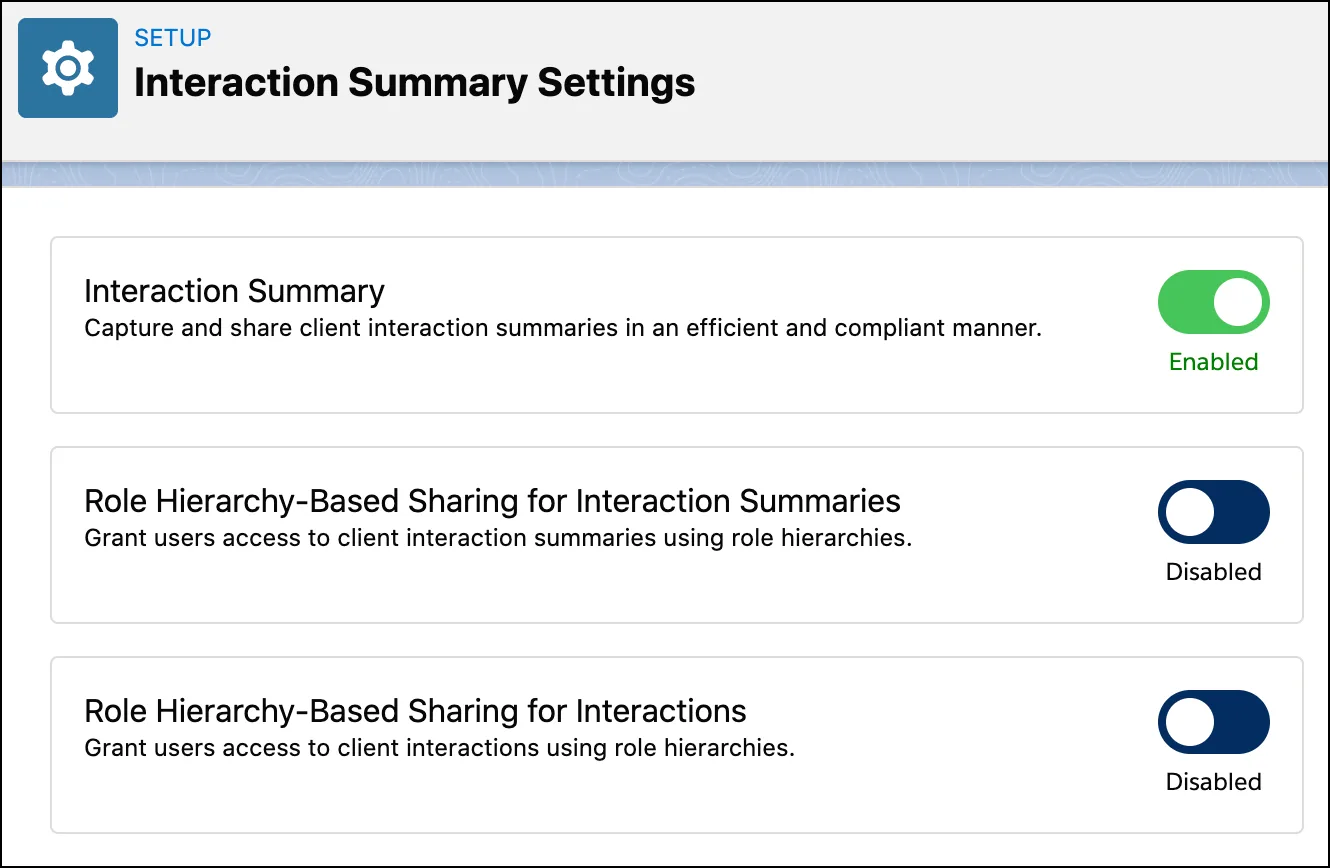 Interaction Summary Settings page with Interaction Summary setting enabled.