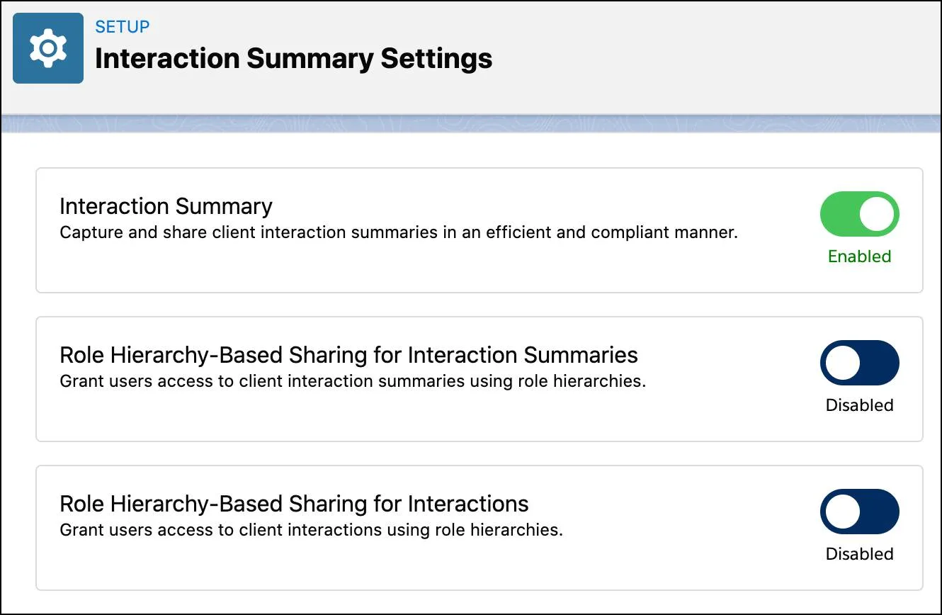 Interaction Summary Settings page with role hierarchy-based sharing for interaction and interaction summaries disabled.