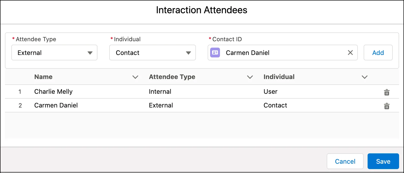 Interaction Attendees window showing internal and external attendees.