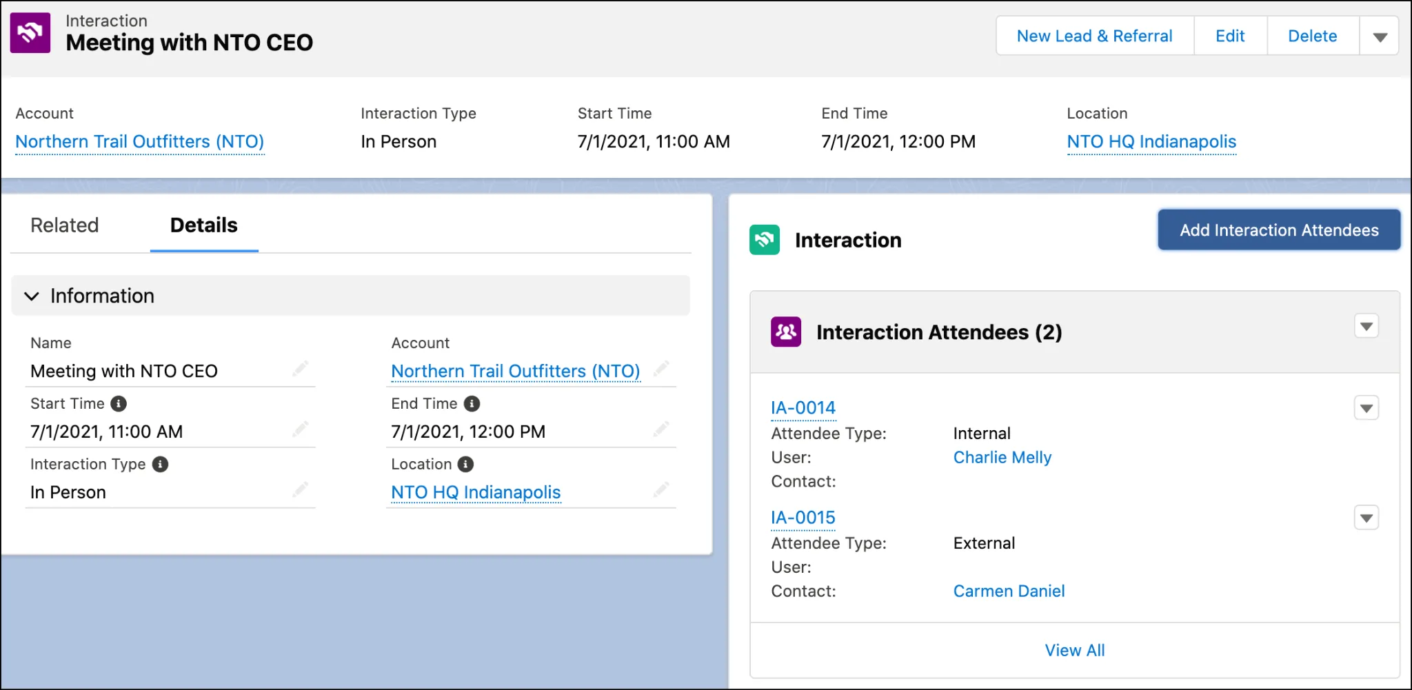 Interaction Attendees component on the interaction record page showing attendees.