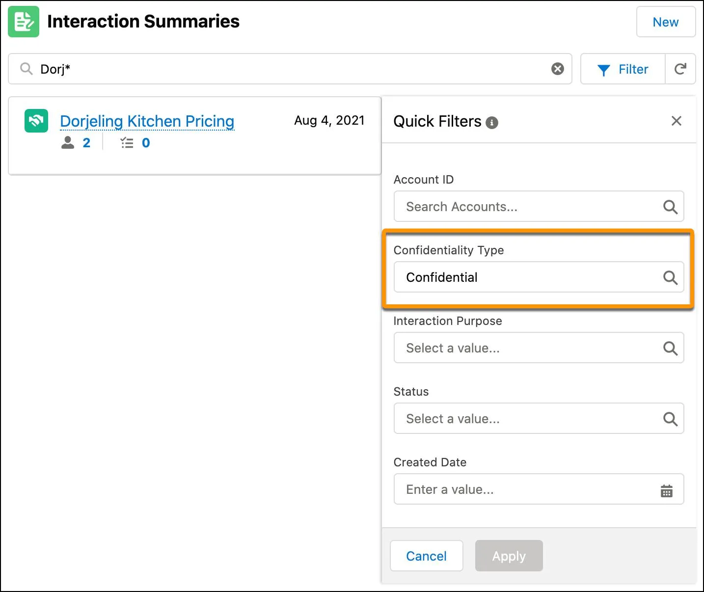 Interaction Summaries component with quick filters.