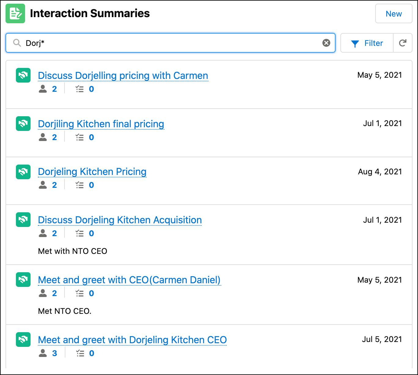 Interaction Summaries component showing search results.