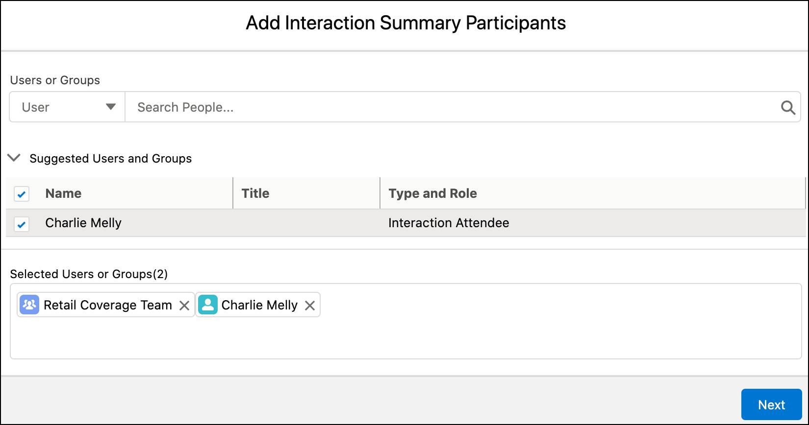 Add Interaction Summary Participants window with users and groups selected.