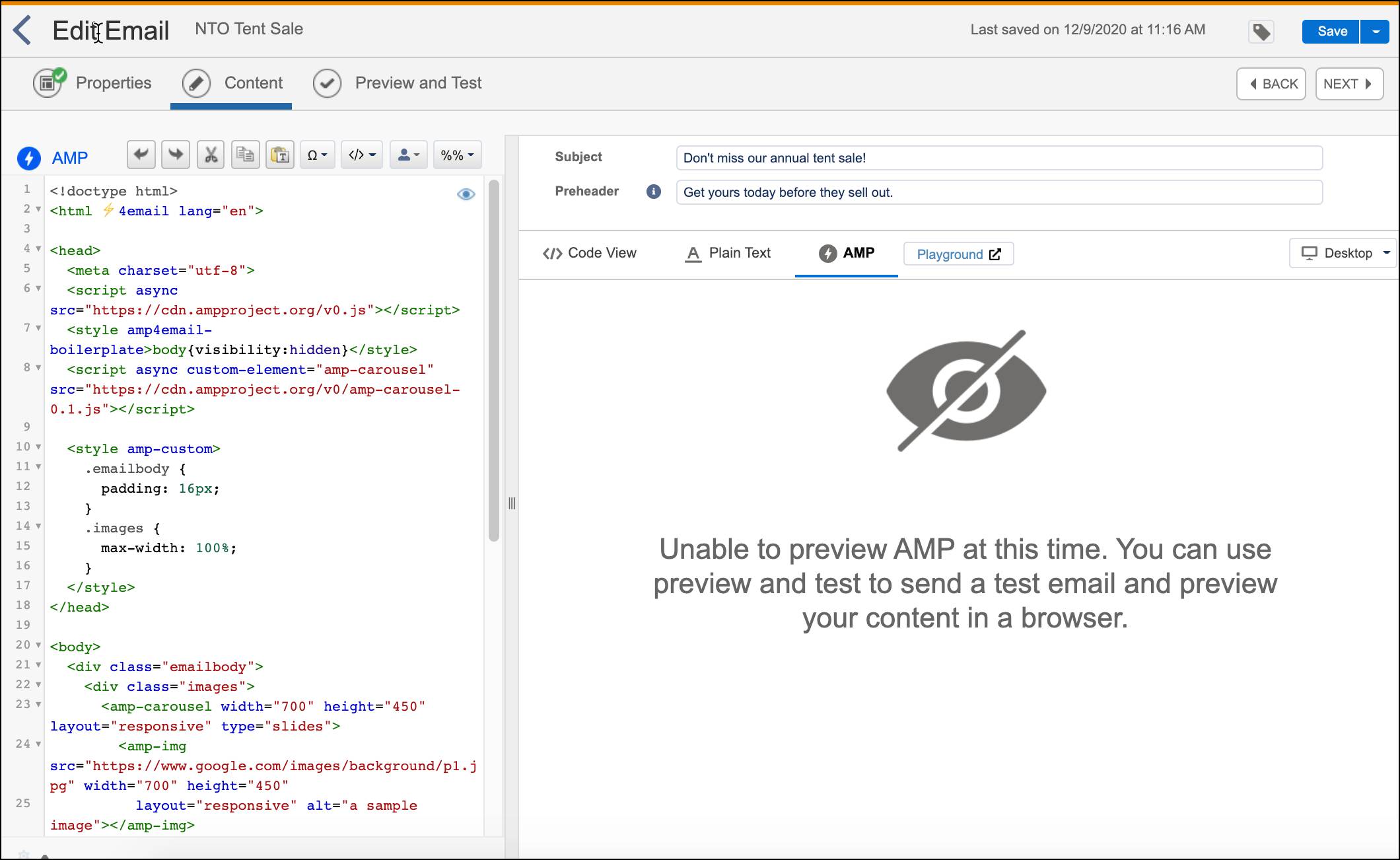 AMP code screen in Content Builder.