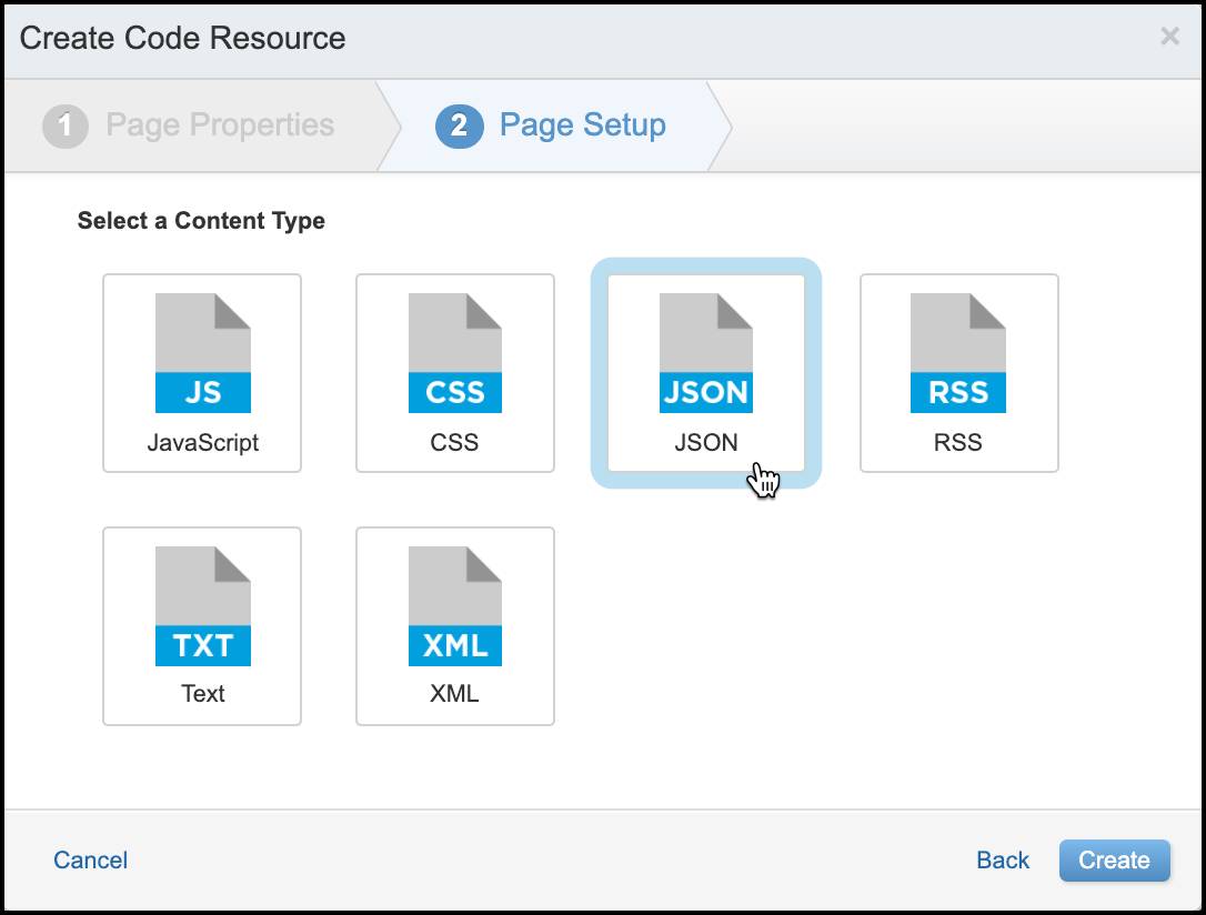 Create a Code Resource Page with JSON selected