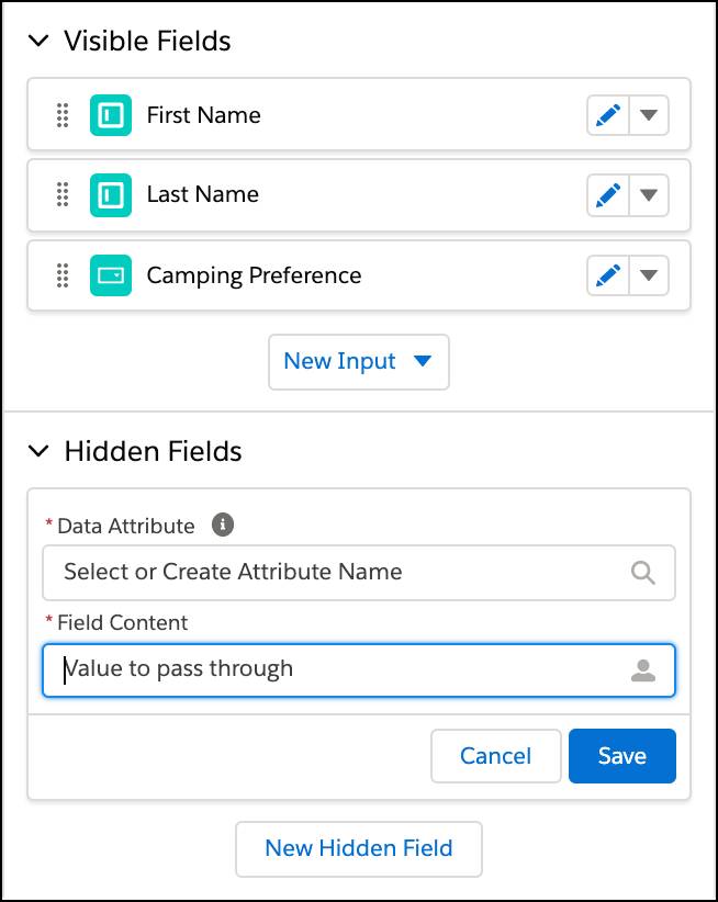 Visible and Hidden Field options on an email form.