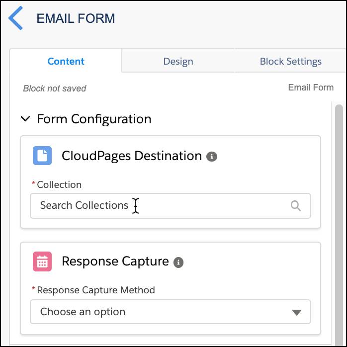 Email form configuration screen with CloudPages Destination and Response Capture.