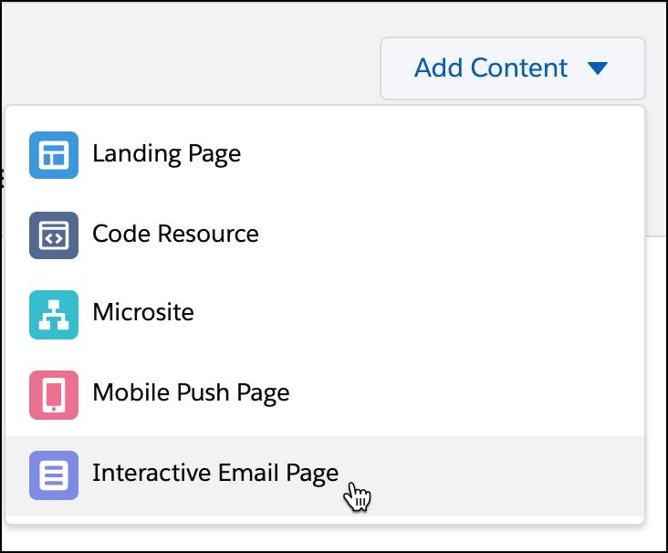 Add Content dropdown menu in CloudPages with Interactive Email Page selected.