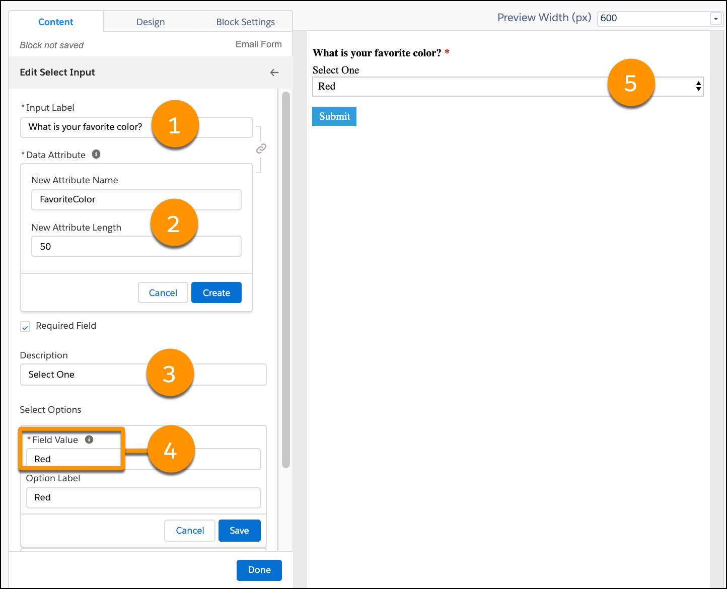 Input screenshot with callouts for input labels, data attributes, description, field value, and option labels.