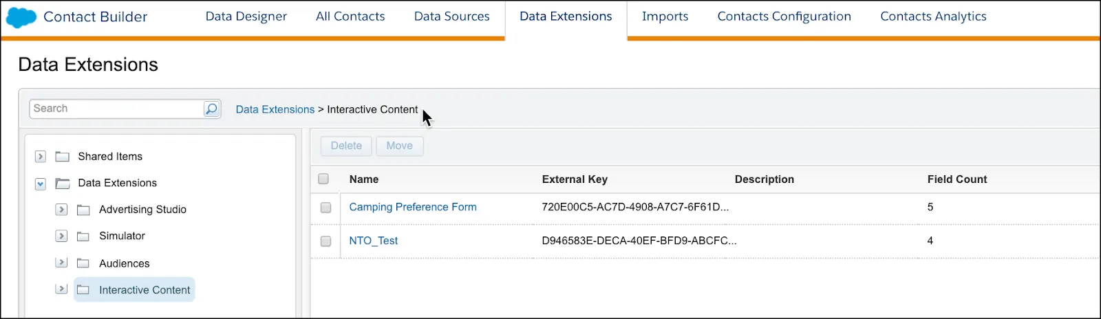 Interactive Content data extension files shown in the Data Extensions folder in Contact Builder.