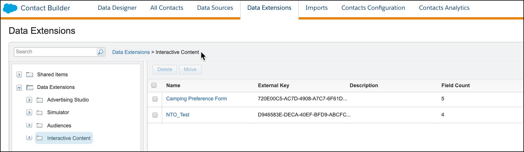 Interactive Content data extension files shown in the Data Extensions folder in Contact Builder.