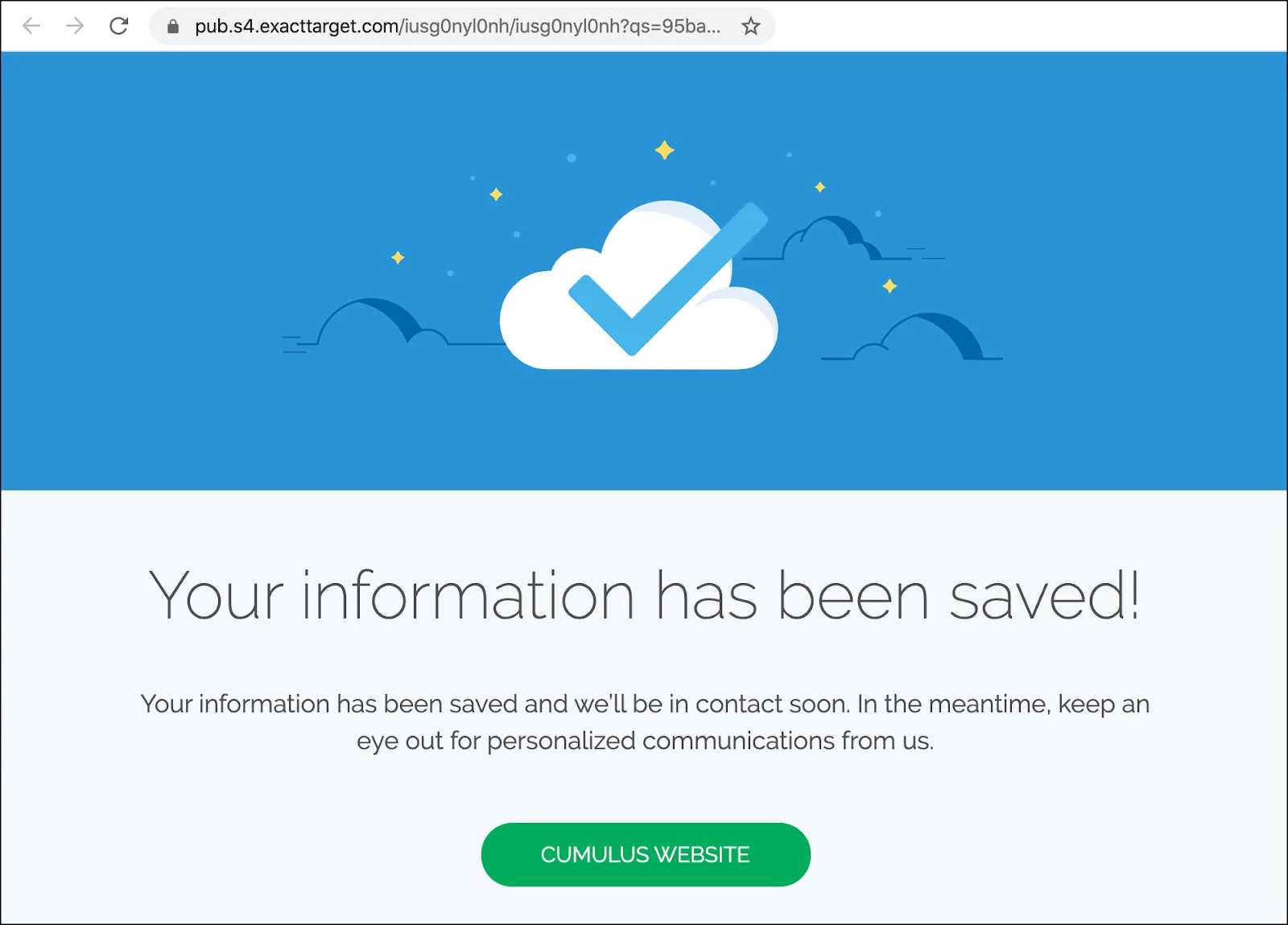 Cumulus confirmation Interactive Email page that says “Your information has been saved!”