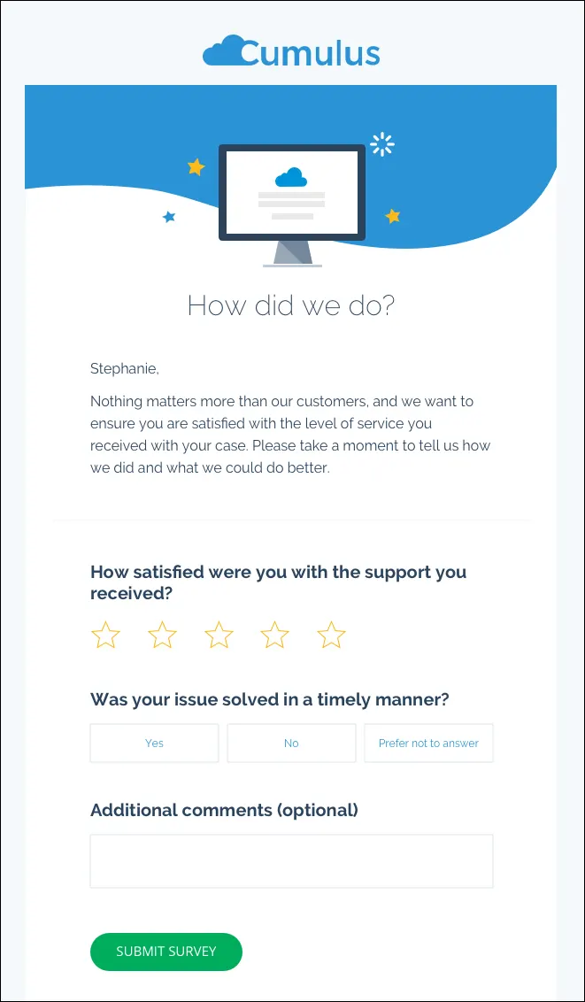 Cumulus Bank email using an Interactive Email Form to ask customers how they would rate their support, if their issue was solved timely, and if they had additional comments.