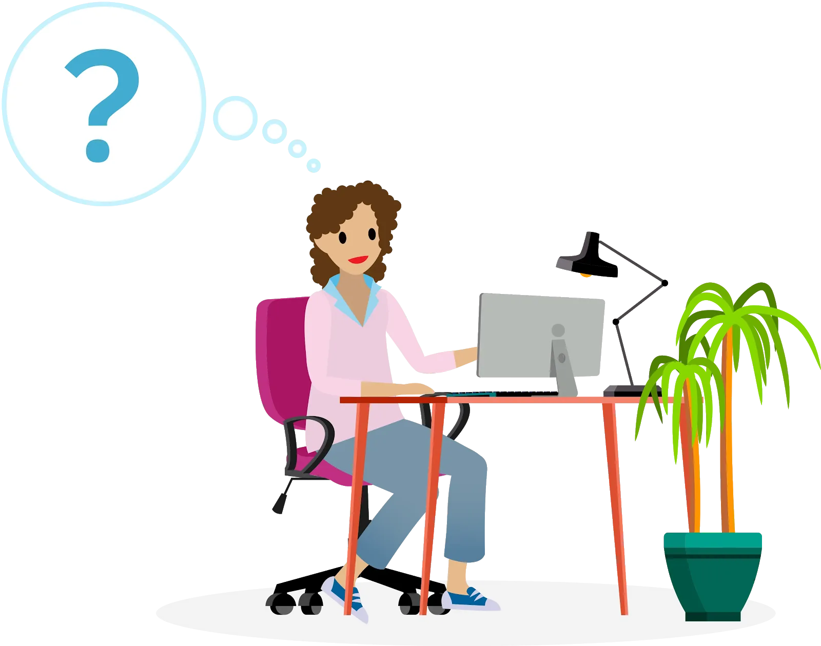Linda Rosenberg assise à son bureau, avec un point d’interrogation indiqué dans une bulle.