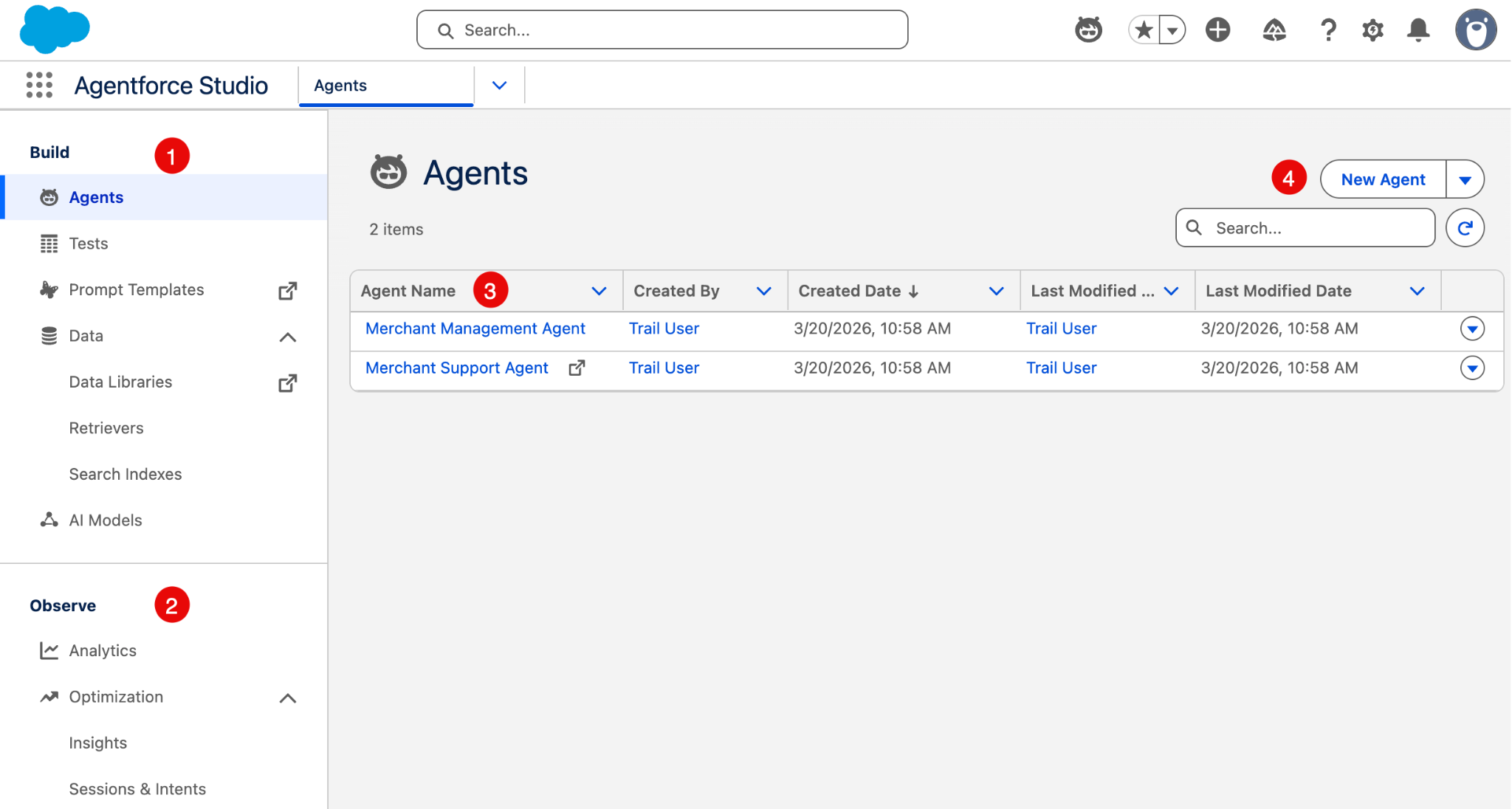 The Agentforce Studio screen showing Agentforce building and performance tools in the left panel, and the Agents panel on the right. The Agents panel shows a list of your agents, and the New Agent button that opens Agentforce Builder.