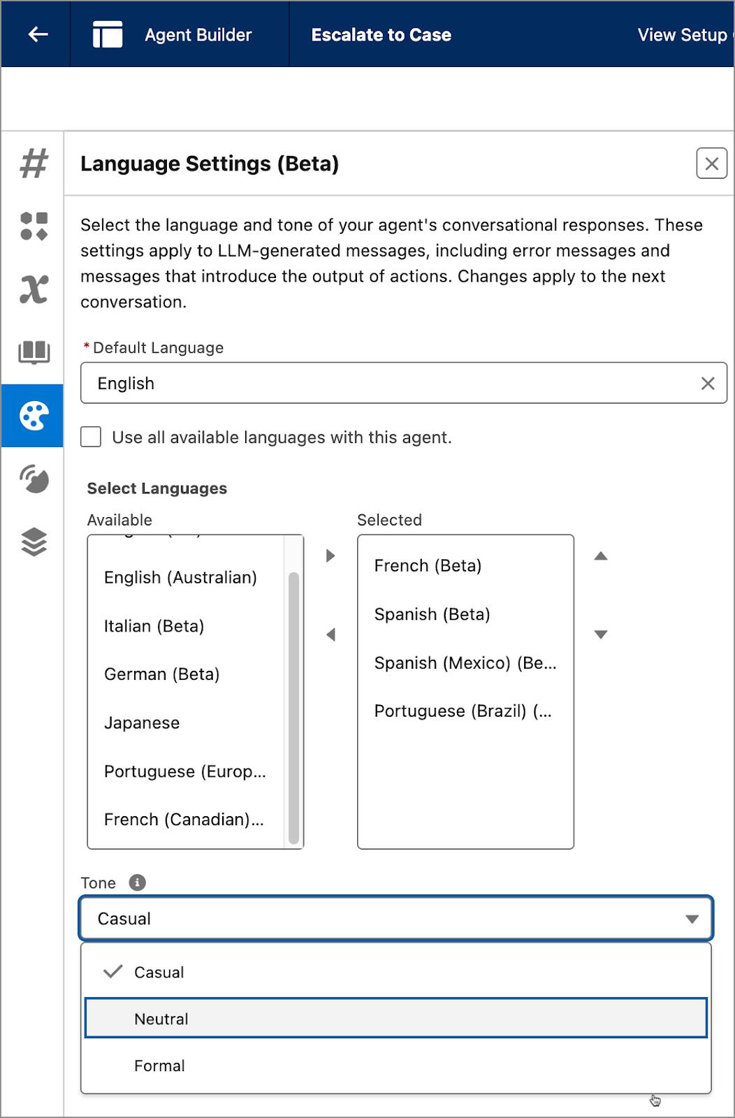 The Language Settings (Beta) panel where you select languages and conversational tone for your agent.