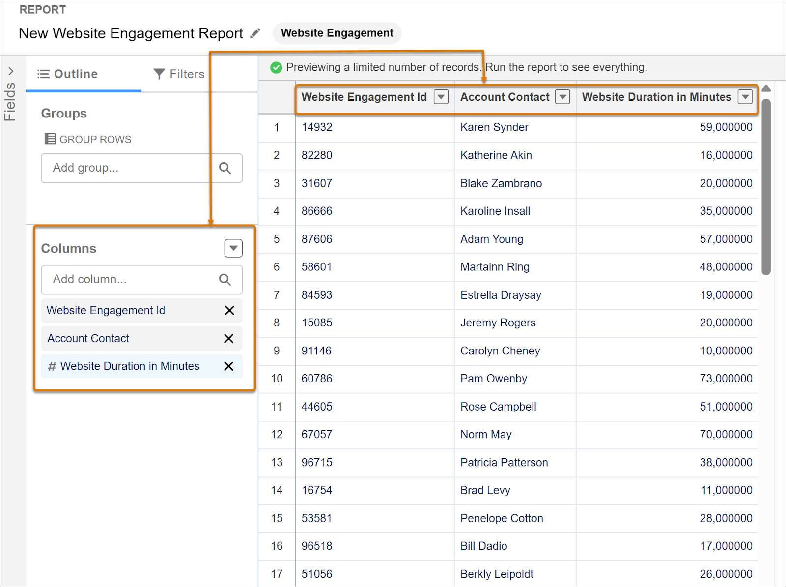 Data Cloud report on website engagement with columns that help analyze customer engagement on the website