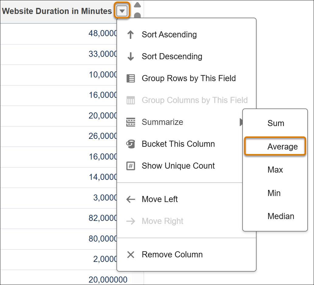 The drop-down menu in Data Cloud report’s column showing  summarize options