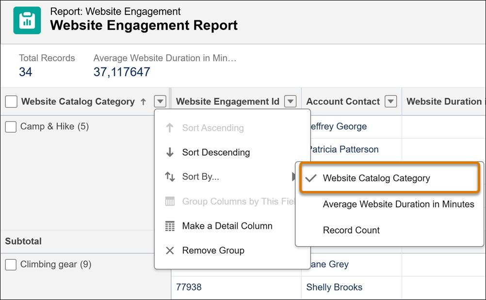 The sort option for a column in a Data Cloud report.