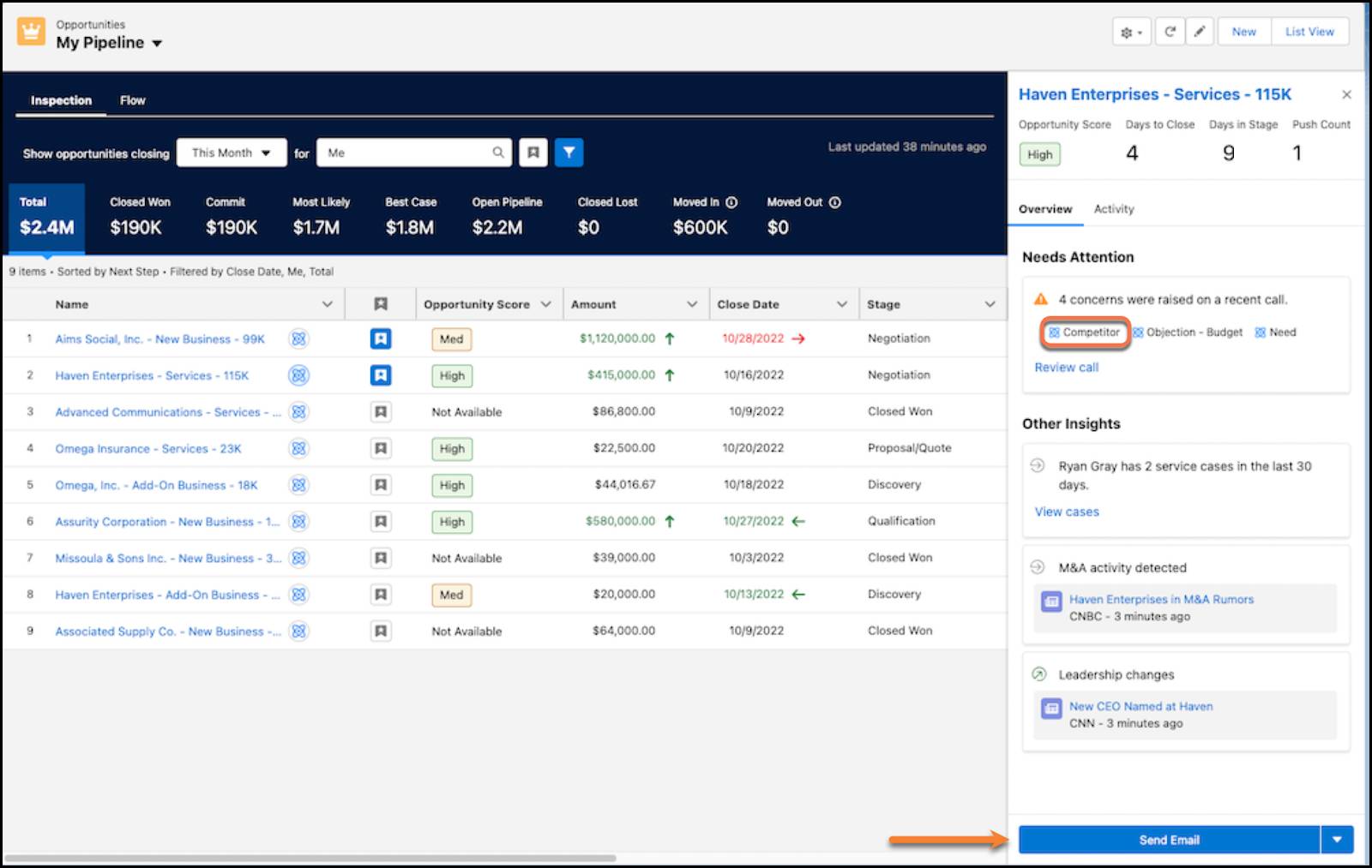 A call insight indicating a competitor was mentioned shown in the insights panel in Pipeline Inspection.