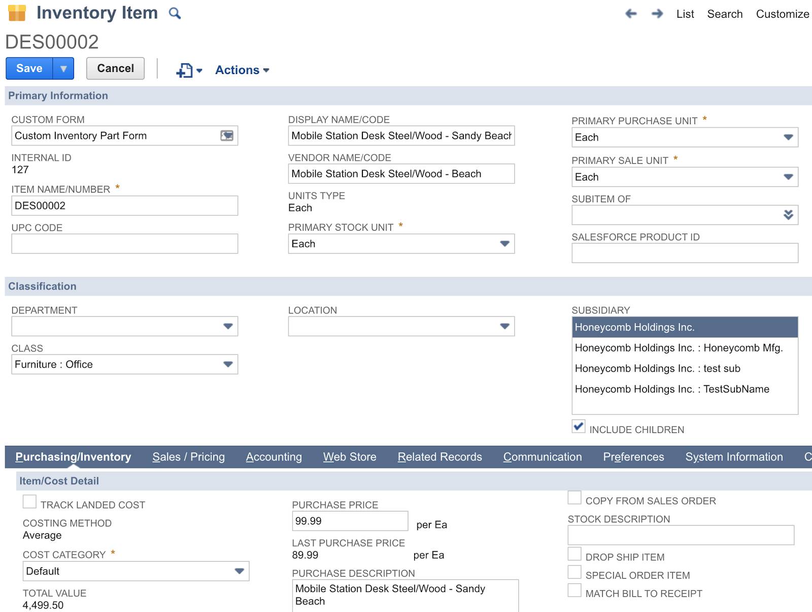 表示名、購入価格、購入説明が表示されている NetSuite の [Inventory Item (在庫品目)] ページ