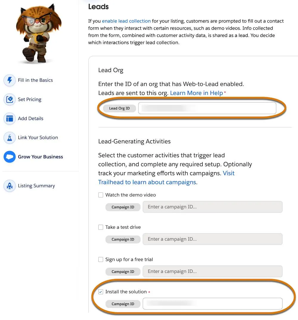An example Leads Listing Builder section with a highlight on Lead Org ID and Install the solution Campaign ID.