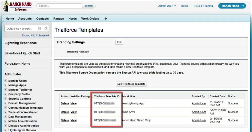 Copying template IDs from Trialforce Templates page