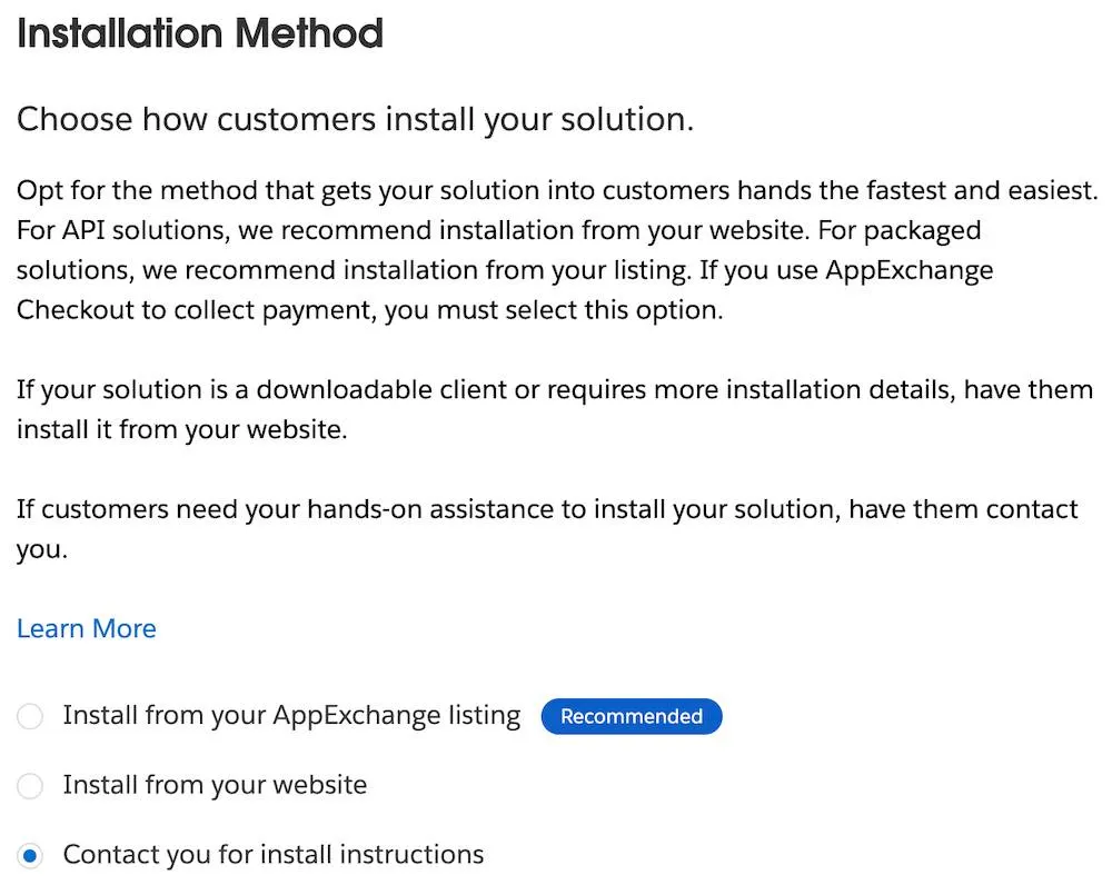 The Installation Method section with selectors on Install from your AppExchange listing (Recommended), Install from your website, and Contact you for install instructions.