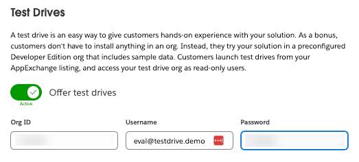 A sample Test Drives section with Offer test drives toggled on, plus Org ID, Username, and Password boxes.