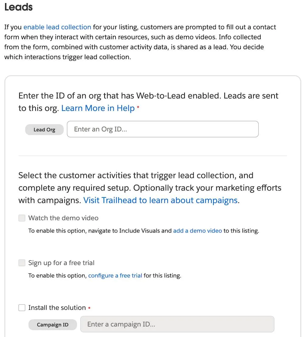 The Leads section with Lead Org and Campaign ID buttons, and Watch the demo video and Sign up for a free trial checkboxes.