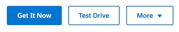 AppExchange リスティングの例の [Get It Now (今すぐ入手)] ボタン、[Test Drive (機能制限トライアル)] ボタン、[More (その他)] ボタン