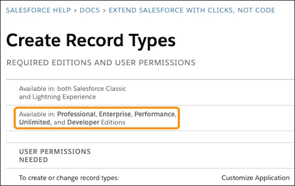 The Create Record Types Salesforce Help page with a red circle around the list of editions that support the feature