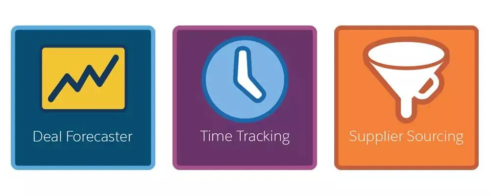 Deal forecaster, time tracking, and supplier sourcing icons representing the scenarios we will review