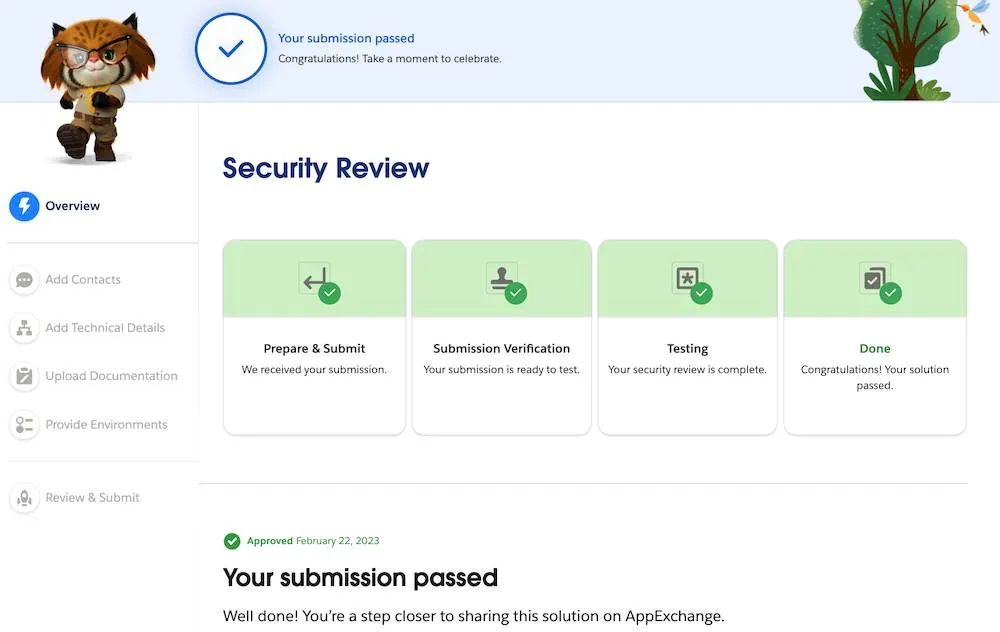 A sample AppExchange Security Review status page with Prepare & Submit, Submission Verification, Testing, and Done stages, an approved note, and a Your submission passed status