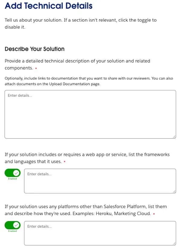 The Add Technical Details step with questions and textboxes.