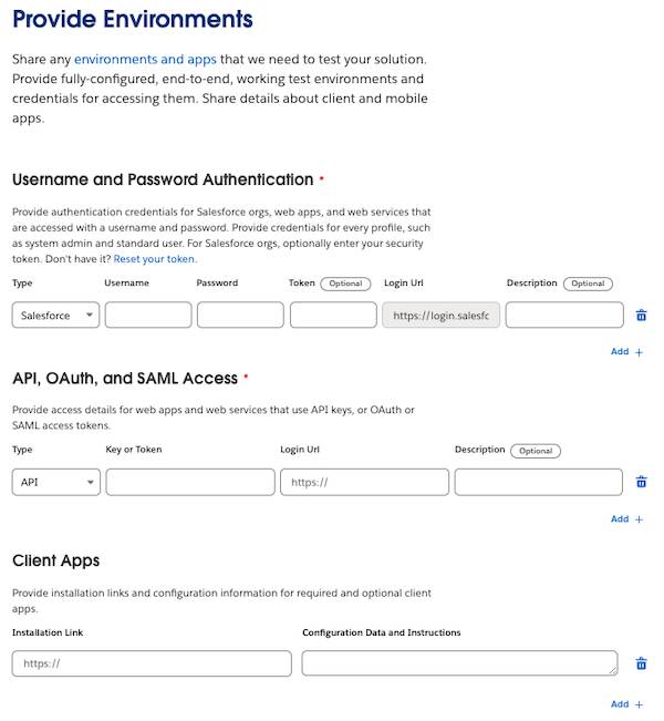 The Provide Environments step with sample sections for Username and Password Authentication, API, OAuth, and SAML Access, and Client Apps.