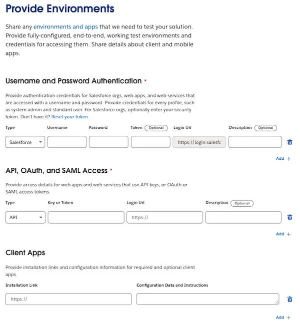 The Provide Environments step with sample sections for Username and Password Authentication, API, OAuth, and SAML Access, and Client Apps.