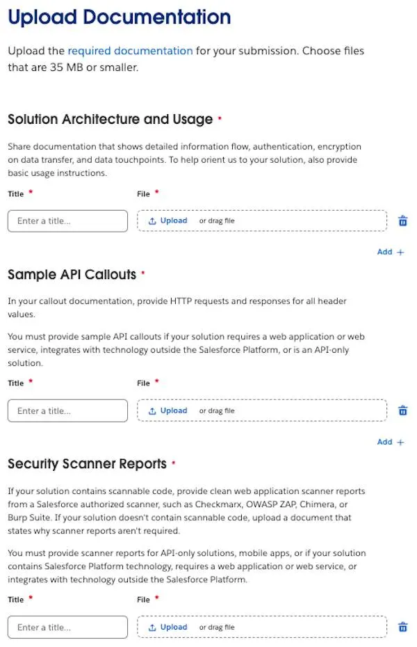 A sample Upload Documentation step with sections specific to the sample solution.