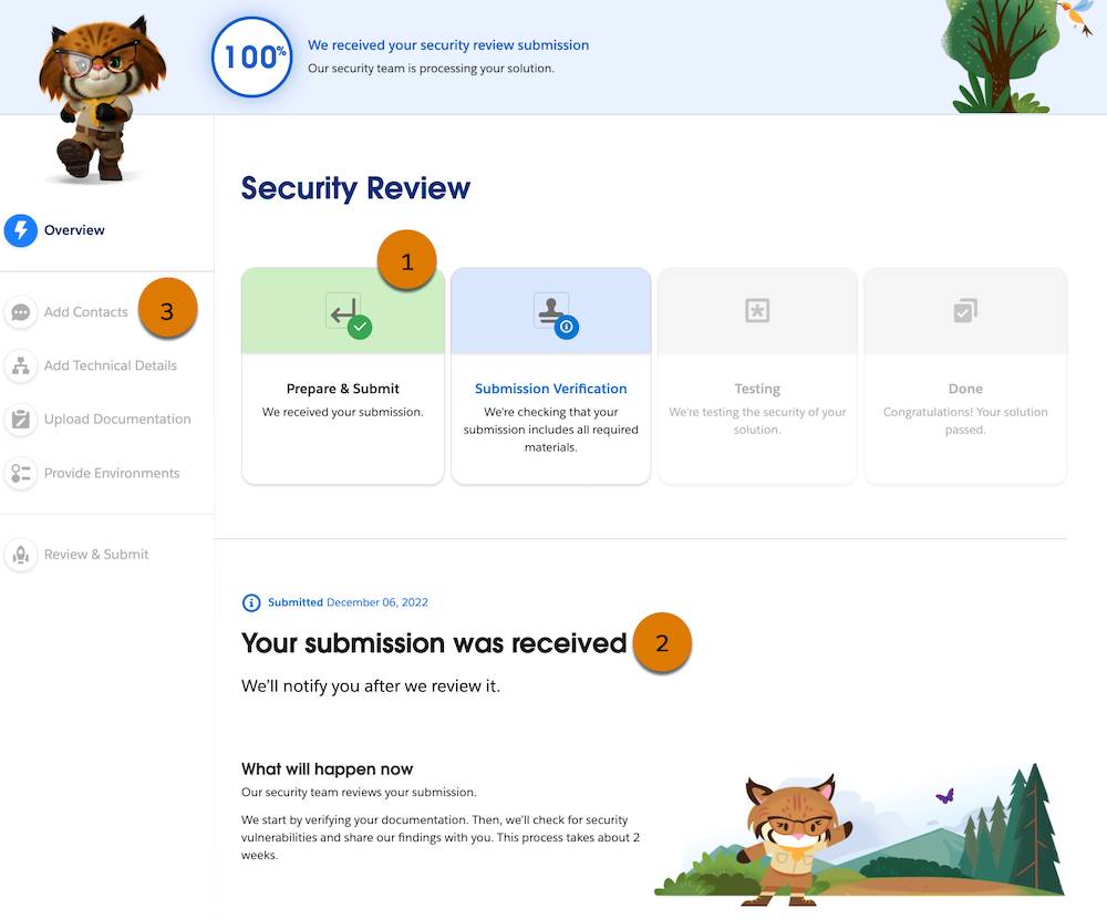 An example AppExchange security review tool overview page with Prepare & Submit and Submission Verification tiles (1), a status message (2), and the Overview and steps tracker (3)