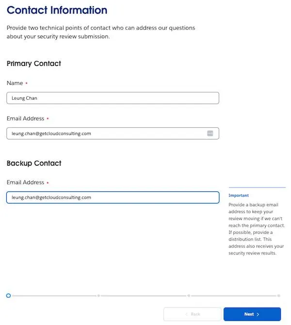 The Contact Information step with Primary Contact and Backup Contact sections, and Back and Next buttons.