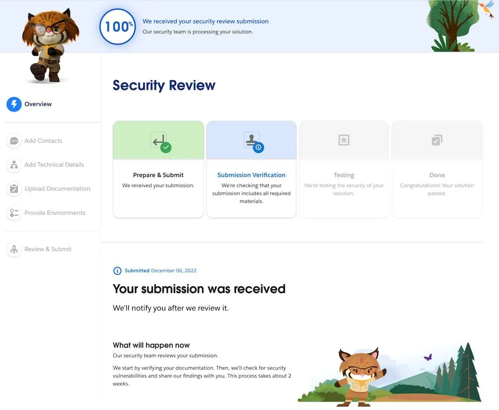 An example security review Overview page with Prepare & Submit and Submission Verification stages highlighted