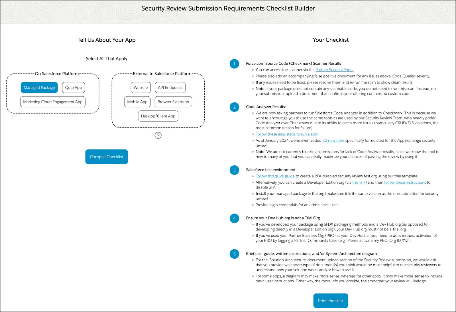 A sample Security Review Submission Requirements Checklist Builder with Managed Package selected and Your Checklist showing the required steps