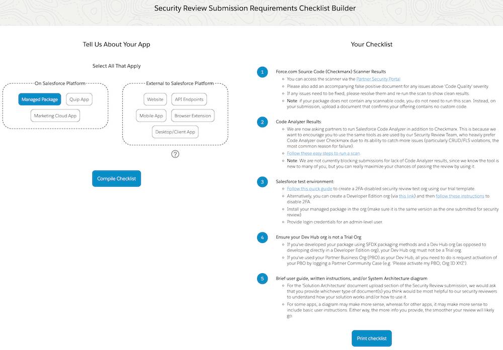 A sample Security Review Submission Requirements Checklist Builder with Managed Package selected and Your Checklist showing the required steps