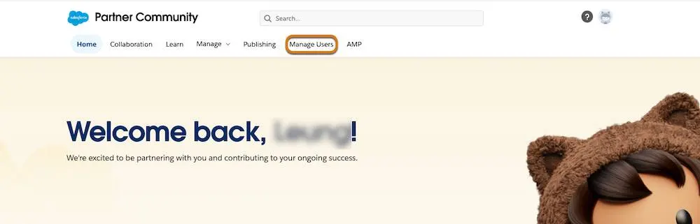 The Partner Community homepage with Home, Collaboration, Learn, Manage, Publishing, Manage Users, and AMP tabs, plus a highlight on the Manage Users tab