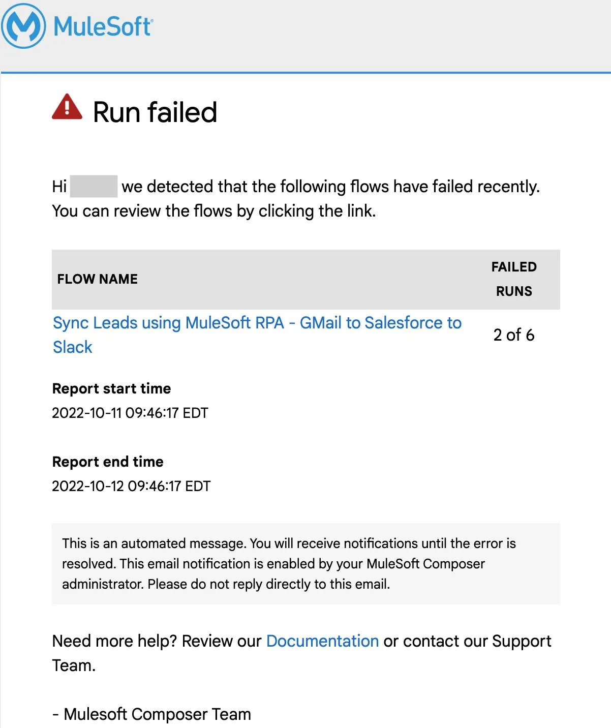 Email notification about a failed flow.