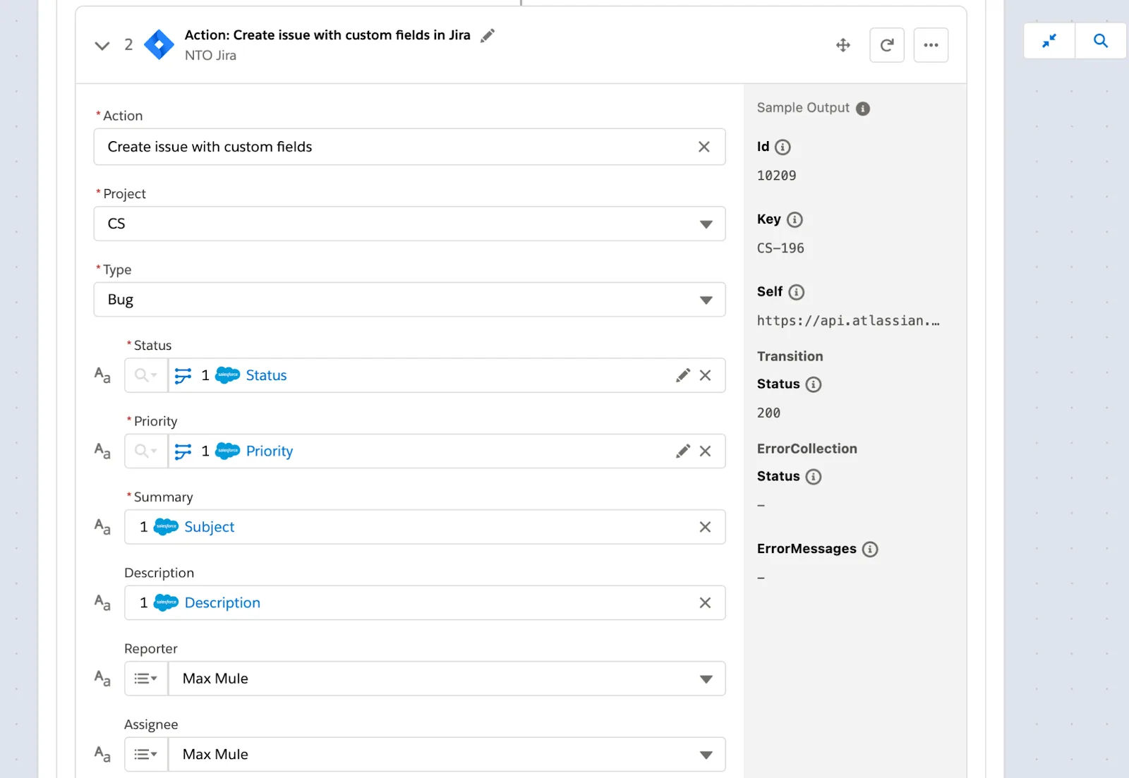 Step 2 of flow in If branch to create an issue with fields including project, status, and priority in Jira.