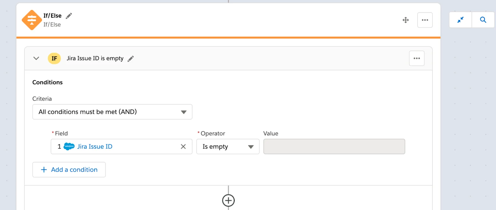 If/Else block with If branch showing condition to determine if Jira issue ID is empty.